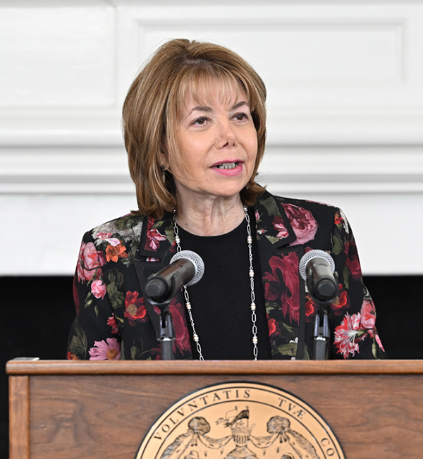 SAFE Center CEO Susan Esserman speaks Feb. 3 at a gathering at the Maryland Statehouse to discuss efforts to stop human trafficking.