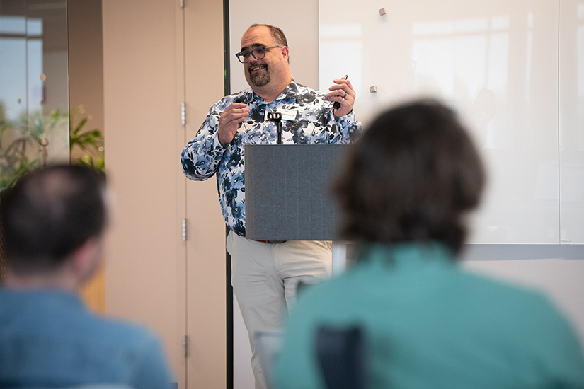 Sol-Roberts Lieb talks during his Values in Action Speaker Series presentation on May 11 at the 4MLK building.