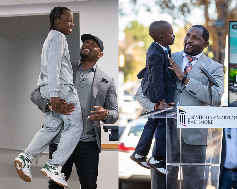 Pro Football Hall of Famer Ray Lewis holds up local youth Blair Pinnacle (left) at the Office of Community Engagement’s 10th anniversary celebration Oct. 16, re-creating a moment from 2019 (right) when the former Ravens star lifted up then-second-grader Pinnacle at the groundbreaking ceremony for UMB’s Community Engagement Center on South Poppleton Street.