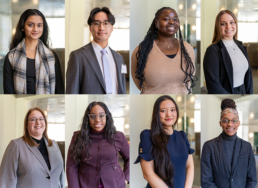 The 2025 cohort of the President’s Fellows are students (from top, left to right) Devina Chatterjee, Andrew Nguyen, Oreoluwa Olaniyan, Raina Crew; (from bottom, left to right) Dorothy Veron, Onyemauchechukwu Ijezie, Margaret Kim, and David Robertson.